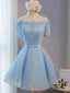 Short Sleeves Short Blue Prom Dress with Lace up, Short Blue Homecoming Graduation Dresses