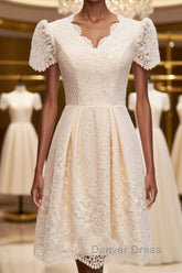 Short Sleeves Short Champagne Lace Prom Dresses, Short Champagne Lace Formal Wedding Dresses