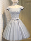 Short Sleeves Silver Gray Lace Prom Dress, Lace Graduation Homecoming Dresses