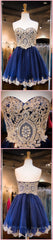 Short Sweetheart Sleeveless Lace Rhinestone Beads Royal Blue Appliques Open Back Chiffon Homecoming Dress