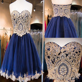 Short Sweetheart Sleeveless Lace Rhinestone Beads Royal Blue Appliques Open Back Chiffon Homecoming Dress
