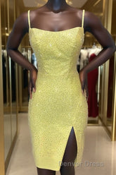 Short Tight Yellow Homecoming Dresses with Lace Up