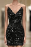 Short V-Neck Black Sequin Tight Dresses