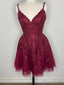 Short V Neck Burgundy Lace Prom Dress, Short Wine Red Lace Homecoming Graduation Dresses