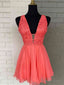Short V Neck Coral Lace Prom Dress, V Neck Coral Lace Prom Homecoming Dresses