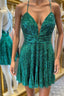 Short V Neck Green Sequins Prom Dress, V Neck Green Sequins Prom Homecoming Dresses