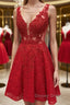 Short V Neck Lace Prom Dress, Short Red V Neck Lace Homecoming Graduation Dresses