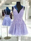 Short V Neck Purple Lace Prom Dress, Short Purple Lace Prom Homecoming Dresses