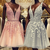 Short V-neck Tulle Prom Homecoming Dresses Lace Embroidery