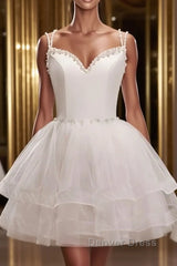Short V Neck White Prom Dresses, Short V Neck White Formal Homecoming Dresses