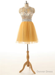 Short Yellow Tulle Prom Party Dresses A Line Homecoming Dresses Sequins Beading