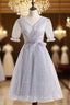 Silver A-Line Short Prom Dress Birthday Dress With Short Sleeves Homecoming Dresses