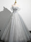 Silver Gray Tulle Lace Prom Dress, Silver Gray Long Lace Prom Dresses