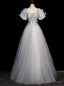 Silver Gray Tulle Sequins Puff Sleeve Prom Dress