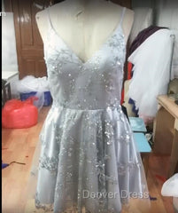 Silver Sequin Lace V Neck Tulle Homecoming Dresses Short Prom Gowns