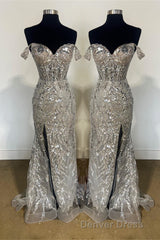 Fuchsia Off-Shoulder Sequined Floral Mermaid Long Prom Dresses with Slit