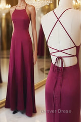 Simple A Line Backless Burgundy Satin Long Prom Dresses, Burgundy Formal Dresses, Burgundy Evening Dresses