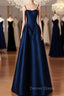 Simple A-Line Dark Blue Satin Long Prom Dresses, Dark Blue Long Formal Dresses
