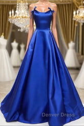 Simple A Line Royal Blue Satin Long Prom Dresses, Royal Blue Formal Dresses, Cheap Royal Blue Evening Dresses