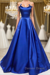 Simple A Line Royal Blue Satin Long Prom Dresses, Royal Blue Formal Dresses, Cheap Royal Blue Evening Dresses