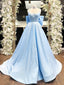 Simple A Line Satin Blue Long prom Dress, Blue Long Prom Dresses
