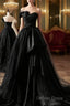 Simple A-Line Satin Strapless Black Long Prom Dresses