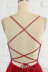 Simple A Line Spaghetti Straps Burgundy Long Prom Dress with Cirss Cross Back