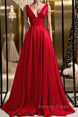 Simple A Line V Neck and V Back Red Satin Long Prom Dresses, Cheap V Neck Red Formal Graduation Evening Dresses