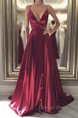 Simple A Line V Neck Backless Burgundy Long Prom Dresses, Backless Burgundy Formal Graduation Evening Dresses