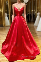 Simple A Line V Neck Backless Red Long Prom Dresses, Backless Red Fromal Dresses, Red Evening Dresses