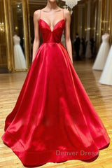 Simple A Line V Neck Backless Red Long Prom Dresses, Backless Red Fromal Dresses, Red Evening Dresses