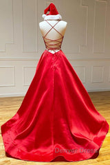 Simple A Line V Neck Backless Red Long Prom Dresses, Backless Red Fromal Dresses, Red Evening Dresses