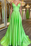 Simple A Line V Neck Green Satin Long Prom Dress, V Neck Green Prom Graduation Prom Dresses