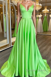 Simple A Line V Neck Green Satin Long Prom Dresses, V Neck Green Formal Graduation Evening Dresses