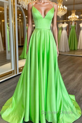 Simple A Line V Neck Green Satin Long Prom Dresses, V Neck Green Formal Graduation Evening Dresses