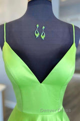 Simple A Line V Neck Green Satin Long Prom Dresses, V Neck Green Formal Graduation Evening Dresses