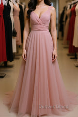 Simple A Line V Neck Pink Tulle Long Prom Dresses Bridesmaid Dresses, V Neck Pink Formal Dresses, Pink Evening Dresses