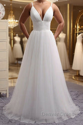 Simple A Line V Neck White Wedding Dresses, V Neck White Tulle Prom Formal Dresses