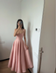 Simple And Elegant Pink A-Line Square Neck Halter Satin Prom Dresses Evening Dresses