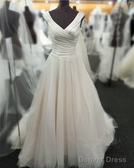 Simple And Elegant Ruched Satin V-Neck Tulle Wedding Dresses