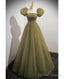 Simple And Minimalist Clover Green Square Neckline Fluffy Short Sleeved Sequin Ball Dress In Clover A-Line Princess Backless And Ground Length Evening Dress