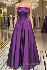 Simple Backless Purple Satin Long Prom Dresses, Backless Purple Formal Dresses, Purple Evening Dresses