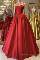 Simple Backless Red Satin Long Prom Dresses, Backless Red Formal Dresses, Red Evening Dresses