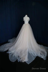 Simple Ball Gown Lace-up Ivory Tulle Off-the-shoulder Wedding Party Dress, Ivory Formal Dress