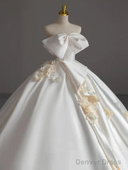 Simple Ball Gown Strapless Sleeveless Satin White Wedding Dresses Brides Dress With Bow
