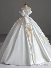 Simple Ball Gown Strapless Sleeveless Satin White Wedding Dresses Brides Dress With Bow