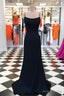 Simple Black Satin Sheath Spaghetti Straps Long Prom Dresses, Prom Gowns