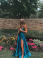 Simple Blue A Line Satin Sleeveless Prom Dress,Long Prom Dresses