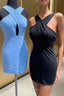 Simple Blue Tight Cross Front Short Cocktail Dresses
