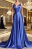 Simple blue v neck satin long prom Dress blue Prom Dresses